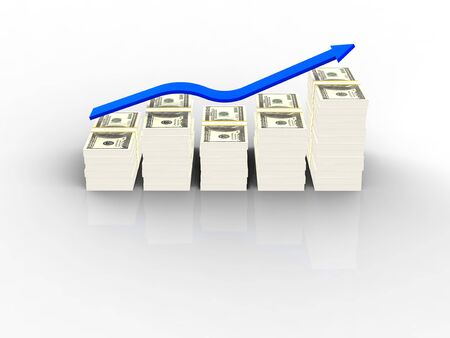 Dollars graph with blue arrow on white backgroundの写真素材