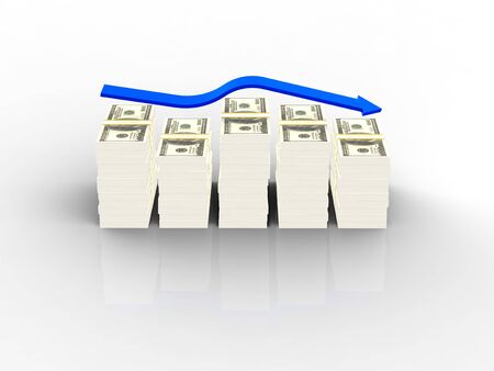 Dollars graph with blue arrow on white backgroundの写真素材