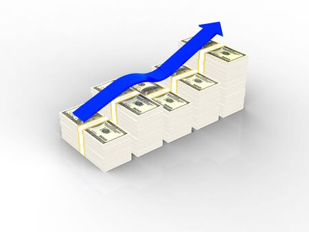 Dollars graph with blue arrow on white backgroundの写真素材