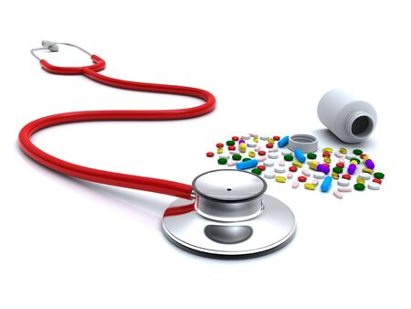 3d rendering stethoscope and pills  on white backgroundの写真素材