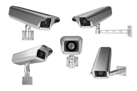 3d rendering of surveillance cameras on white backgroundの写真素材
