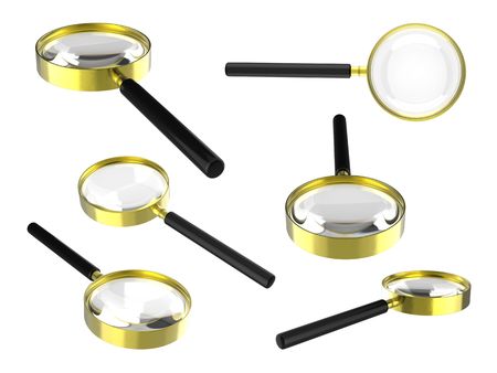 Golden magnifying glass in different positions isolated on white backgroundの写真素材