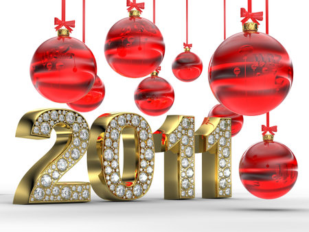 3D rendering of golden 2011 with white diamonds and  Christmas balls