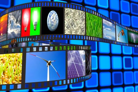 Filmstrip with technology, energy and environment images on blue backgroundの写真素材