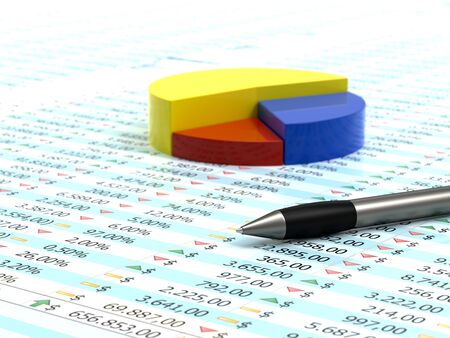 Spreadsheet with pen, blue yellow and red pie with numbers in backgroundの写真素材