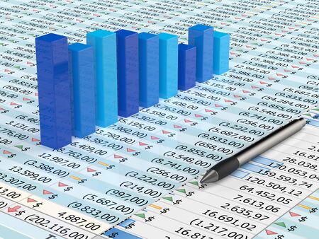 Spreadsheet with pen and blue  graph bars with numbers in backgroundの写真素材