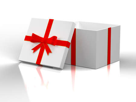 Open white   gift box  with red ribbon on white backgroundの写真素材