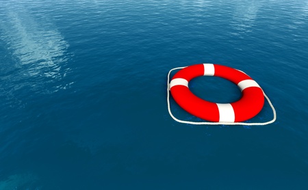 3D rendering of red life belt  on blue seaの写真素材