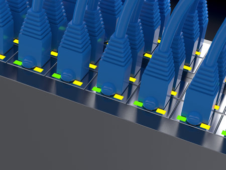 Router and blue network cables close up