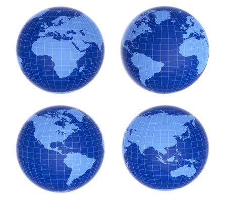 Four  blue globes showing different countries isolated on white backgroundの写真素材