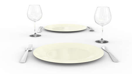 Two sets of plate, fork knife and glass on white backgroundの写真素材