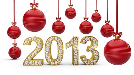 3D rendering of golden 2013 with white diamonds and red Christmas ballsの写真素材