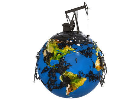 Pump jack and oil spill over planet earth isolated on white backgroundの写真素材