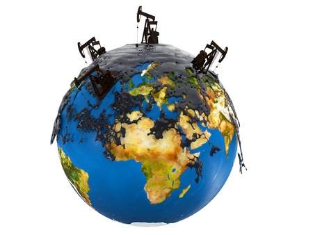 Pump jacks and oil spill over planet earth isolated on white backgroundの写真素材