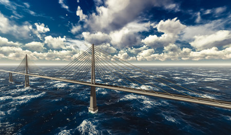 3d rendering of modern suspension bridge on stormy ocean