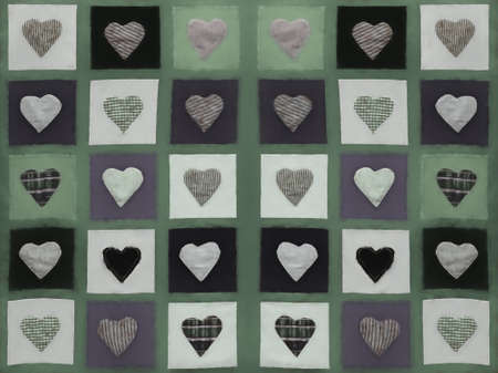 Pastel colored hearts on green background illustrationの写真素材