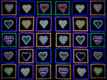 Colorful hearts on black background illustrationの写真素材