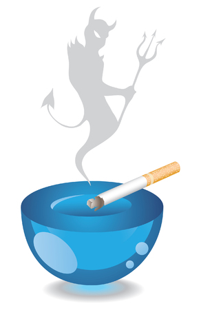 blue glass ashtray and a cigarette with a devil shaped smokeのイラスト素材