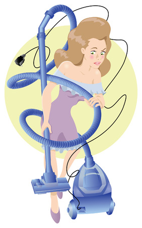 cleaning girl tussling with the vacuum cleanerのイラスト素材