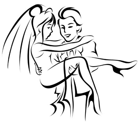 Happy groom has the beautiful bride in his armsのイラスト素材