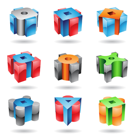 Cubic and cylindrical metallic glossy abstract icons isolated on a white backgroundのイラスト素材