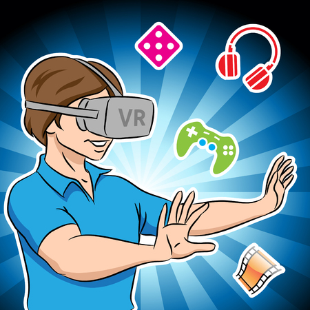 Vector Illustration of a Guy Wearing a Virtual Reality Headsetのイラスト素材