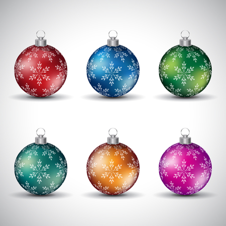 Vector Illustration of Colorful Glossy Christmas Balls with Snowflake Design - Style 5 isolated on a White Backgroundのイラスト素材