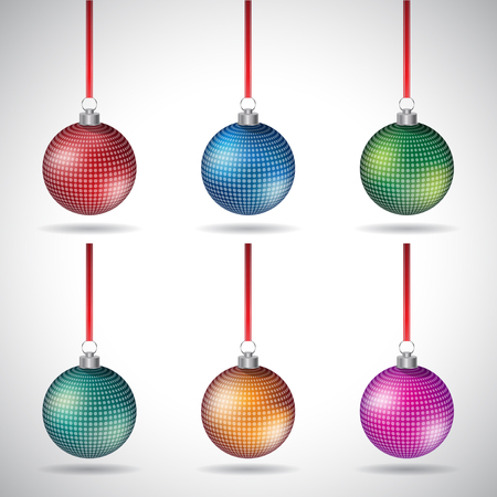 Vector Illustration of Christmas Balls with Small Dots and Red Ribbon isolated on a White Backgroundのイラスト素材