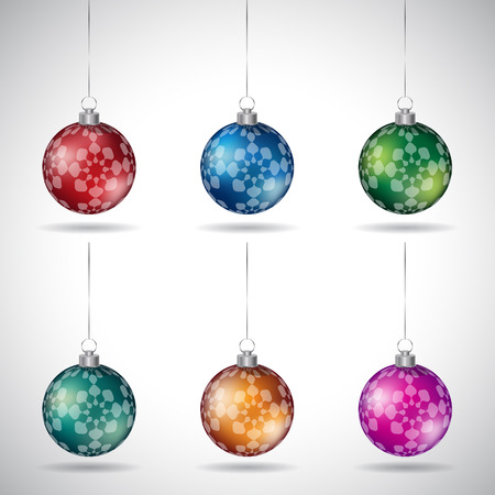 Vector Illustration of Christmas Balls with Abstract Flower Design and Silver String isolated on a White Backgroundのイラスト素材