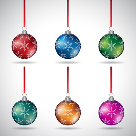 Vector Illustration of Christmas Balls with Snowflake Design and Red Ribbon - Style 7 isolated on a White Backgroundのイラスト素材