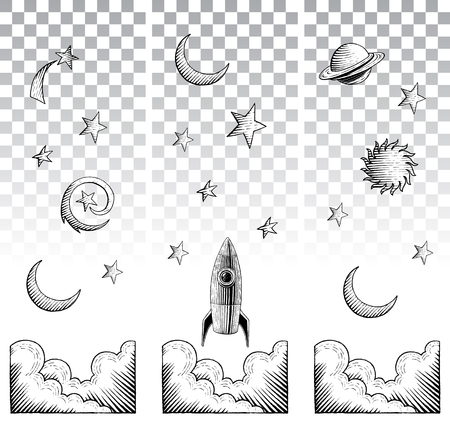 Vector Illustration of Scratchboard Style Ink Drawings of Sky Elementsのイラスト素材