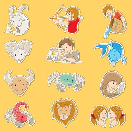 Vector Illustration of Sticker Designs of Cartoon Zodiac Signsのイラスト素材