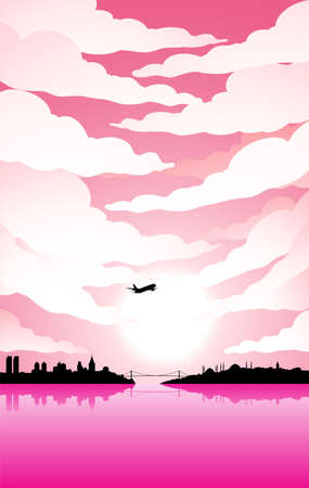 Illustration of Istanbul Silhouette Under a Pink Cloudy Skyのイラスト素材