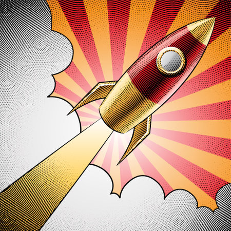 Illustration of Scratchboard Engraved Diagonal Rocket and Clouds on Striped Backgroundのイラスト素材