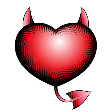 Illustration of Scratchboard Engraved Evil Heart with Red Fill isolated on a White Backgroundのイラスト素材
