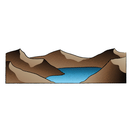 Illustration of Scratchboard Engraved Illustration of Mountain Lake with Colorful Fill isolated on a White Backgroundのイラスト素材
