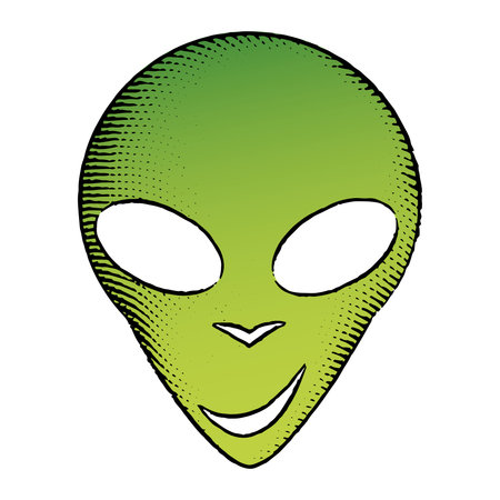 Illustration of Scratchboard Engraved Icon of Alien Face with Green Fill isolated on a White Backgroundのイラスト素材