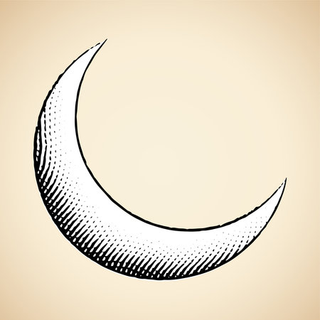 Illustration of Scratchboard Engraved Icon of Moon with White Fill isolated on a Beige Backgroundのイラスト素材