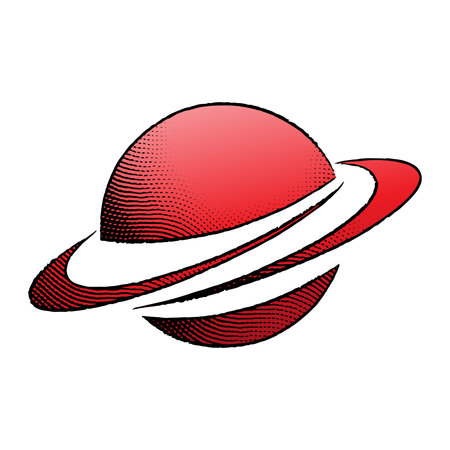 Illustration of Scratchboard Engraved Icon of a Planet with Red Fill isolated on a White Backgroundのイラスト素材