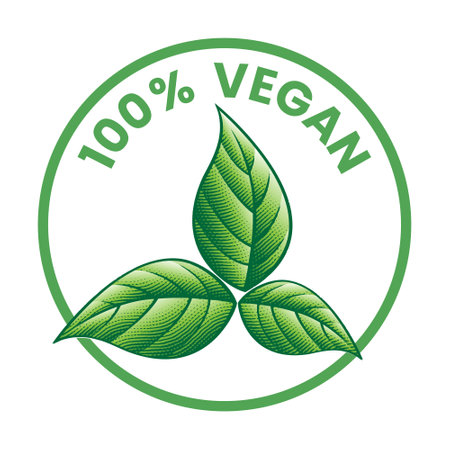 100% Vegan Round Icon with 3 Shaded Engraved Green Leaves isolated on a White Backgroundのイラスト素材