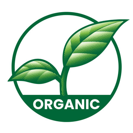 Organic Round Icon with 2 Green Leaves isolated on a White Backgroundのイラスト素材