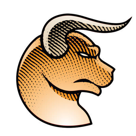 Illustration of Scratchboard Engraved Bull Profile View with Colorful Fill isolated on a White Backgroundのイラスト素材