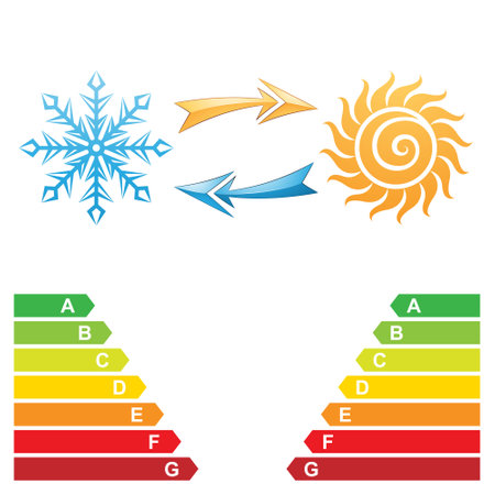 Illustration of Air Conditioning Snowflake and Sun Symbol with Energy Class Charts isolated on a White Backgroundのイラスト素材