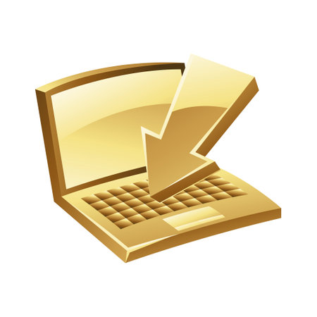 Golden Laptop and Download Icon on a White Backgroundのイラスト素材