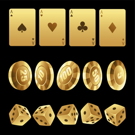 Golden Playing Cards Roulette Chips and Dices on a Black Backgroundのイラスト素材