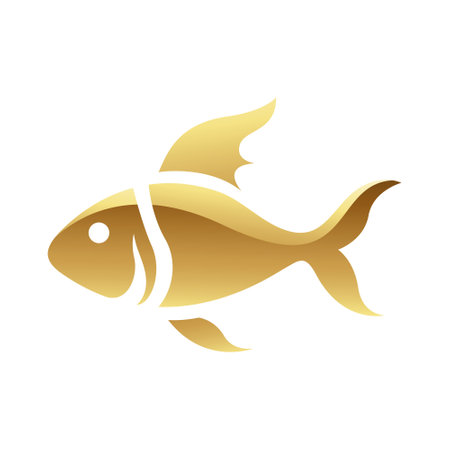 Golden Glossy Fish Icon on a White Backgroundの写真素材