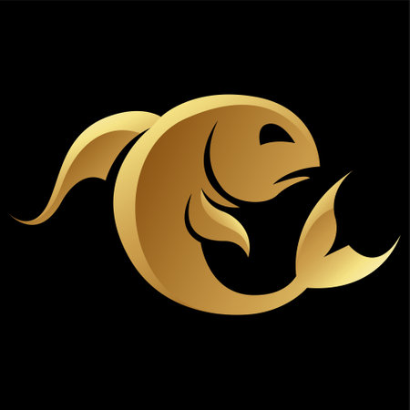 Golden Zodiac Sign Pisces on a Black Backgroundの写真素材