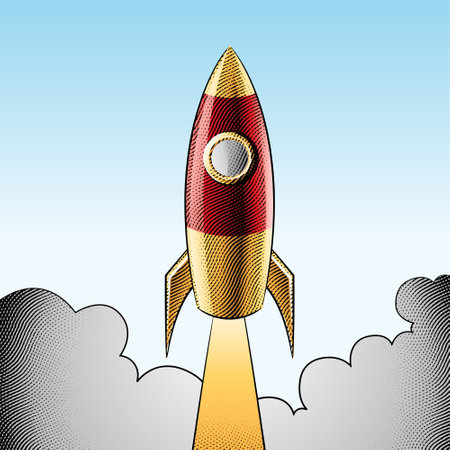 Illustration of Scratchboard Engraved Rocket Launching Over a Blue Skyの写真素材