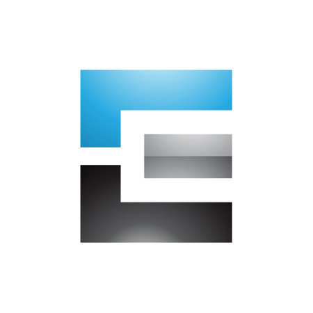 Blue Black and Grey Glossy Rectangular Letter E Icon on a White Backgroundのイラスト素材