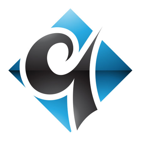 Blue and Black Glossy Diamond Shaped Letter Q Icon on a White Backgroundのイラスト素材